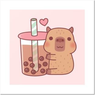 Cute Little Capybara Hugs Bubble Tea Posters and Art